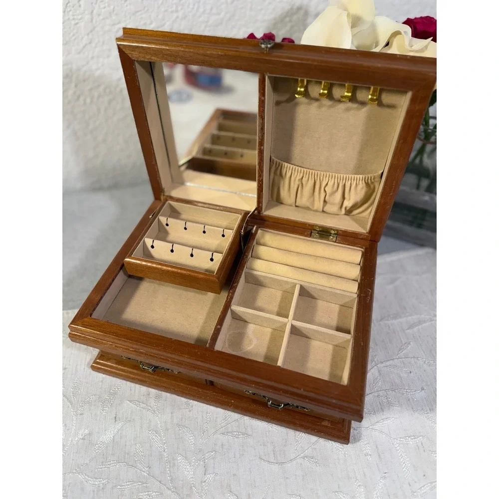 Vintage Wooden Jewelry Box Mirror Drawer Brass Hardware Brown Estate Organzier